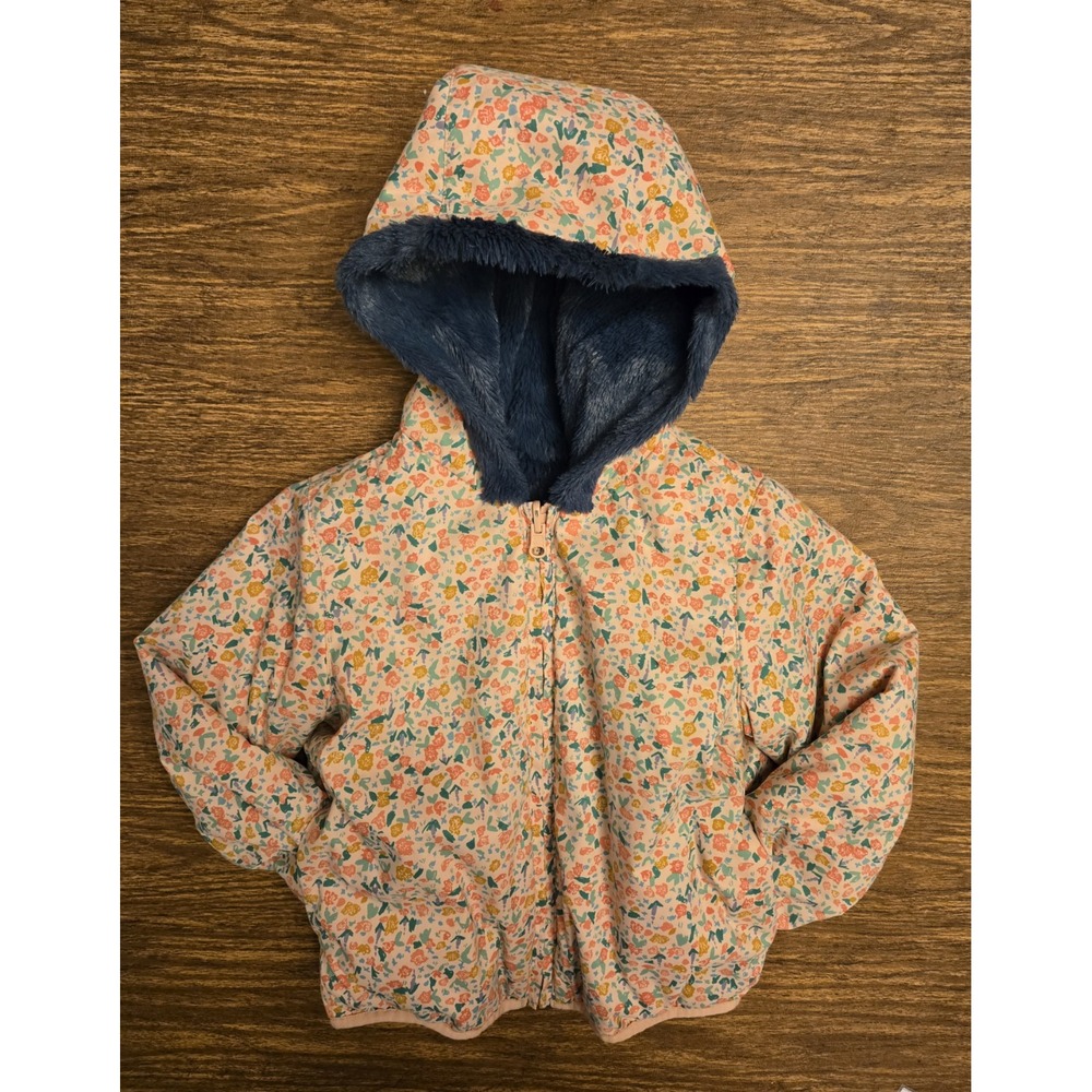 Hanna Andersson Pink Peach Floral Faux Fur Lined Coat Jacket Hood Size 100 US 4